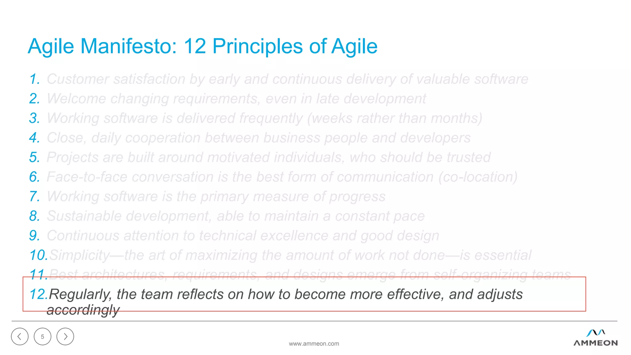 Agile Manifesto: 12 Principles of Agile
1. Customer satisfaction by early and continuous delivery of valuable software
2. Welcome changing requirements, even in late development
3. Working software is delivered frequently (weeks rather than months)
4. Close, daily cooperation between business people and developers
5. Projects are built around motivated individuals, who should be trusted
6. Face-to-face conversation is the best form of communication (co-location)
7. Working software is the primary measure of progress
8. Sustainable development, able to maintain a constant pace
9. Continuous attention to technical excellence and good design
10.Simplicity—the art of maximizing the amount of work not done—is essential
11.Best architectures, requirements, and designs emerge from self-organizing teams
12.Regularly, the team reflects on how to become more effective, and adjusts
accordingly
www.ammeon.com
5
 