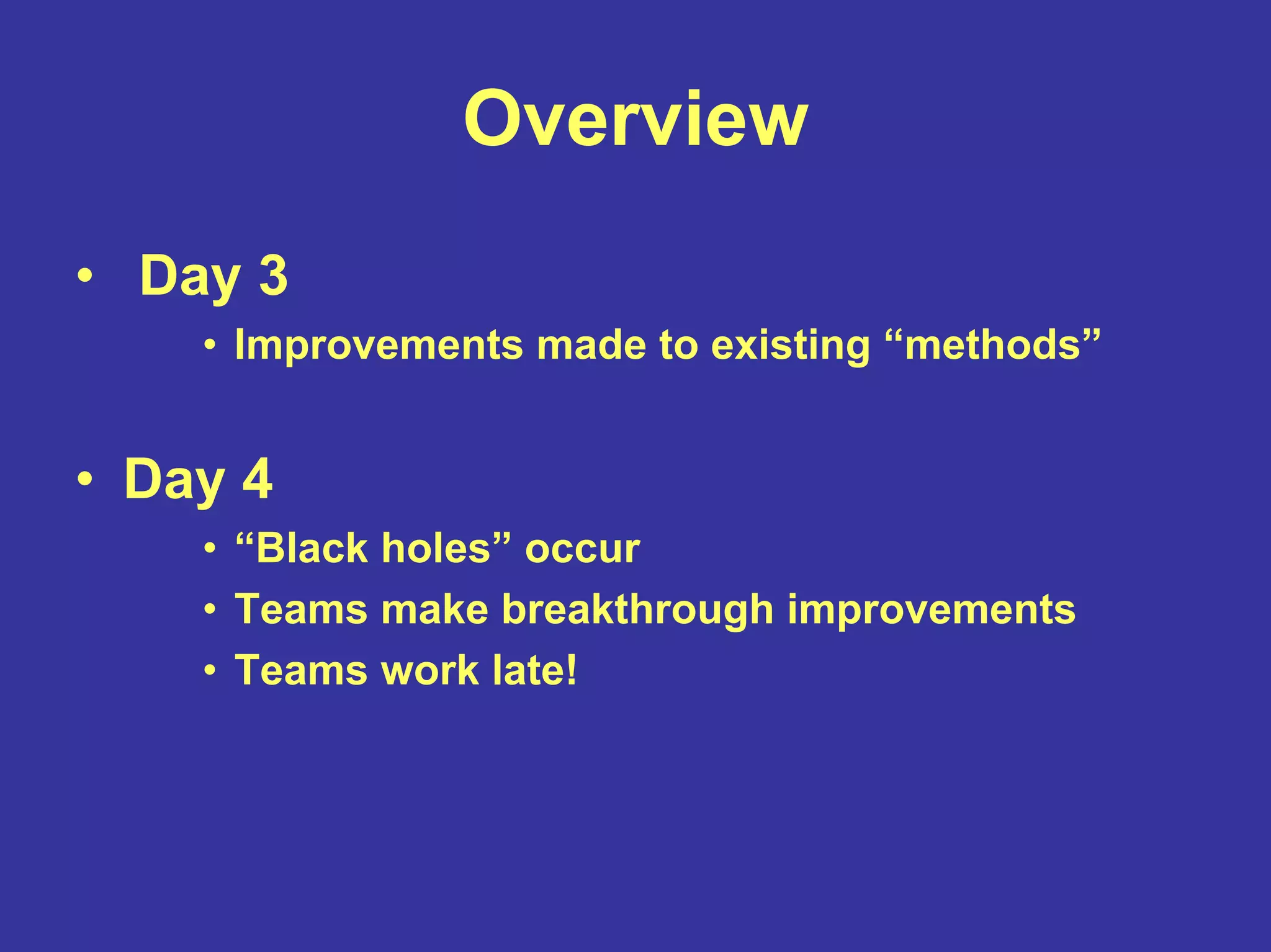 Overview
• Day 3
• Improvements made to existing “methods”
• Day 4
• “Black holes” occur
• Teams make breakthrough improvements
• Teams work late!
 