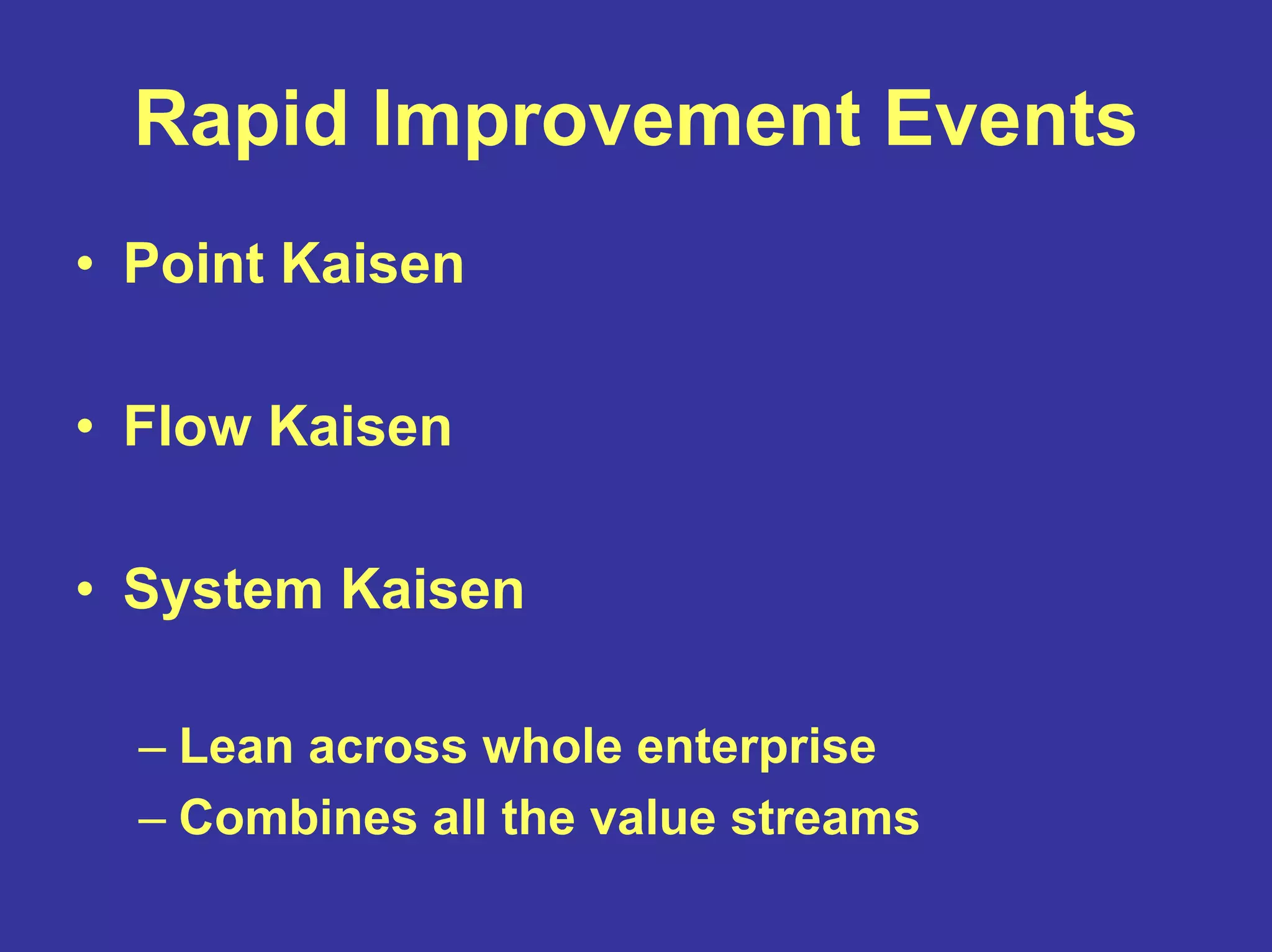 Rapid Improvement Events
• Point Kaisen
• Flow Kaisen
• System Kaisen
– Lean across whole enterprise
– Combines all the value streams
 