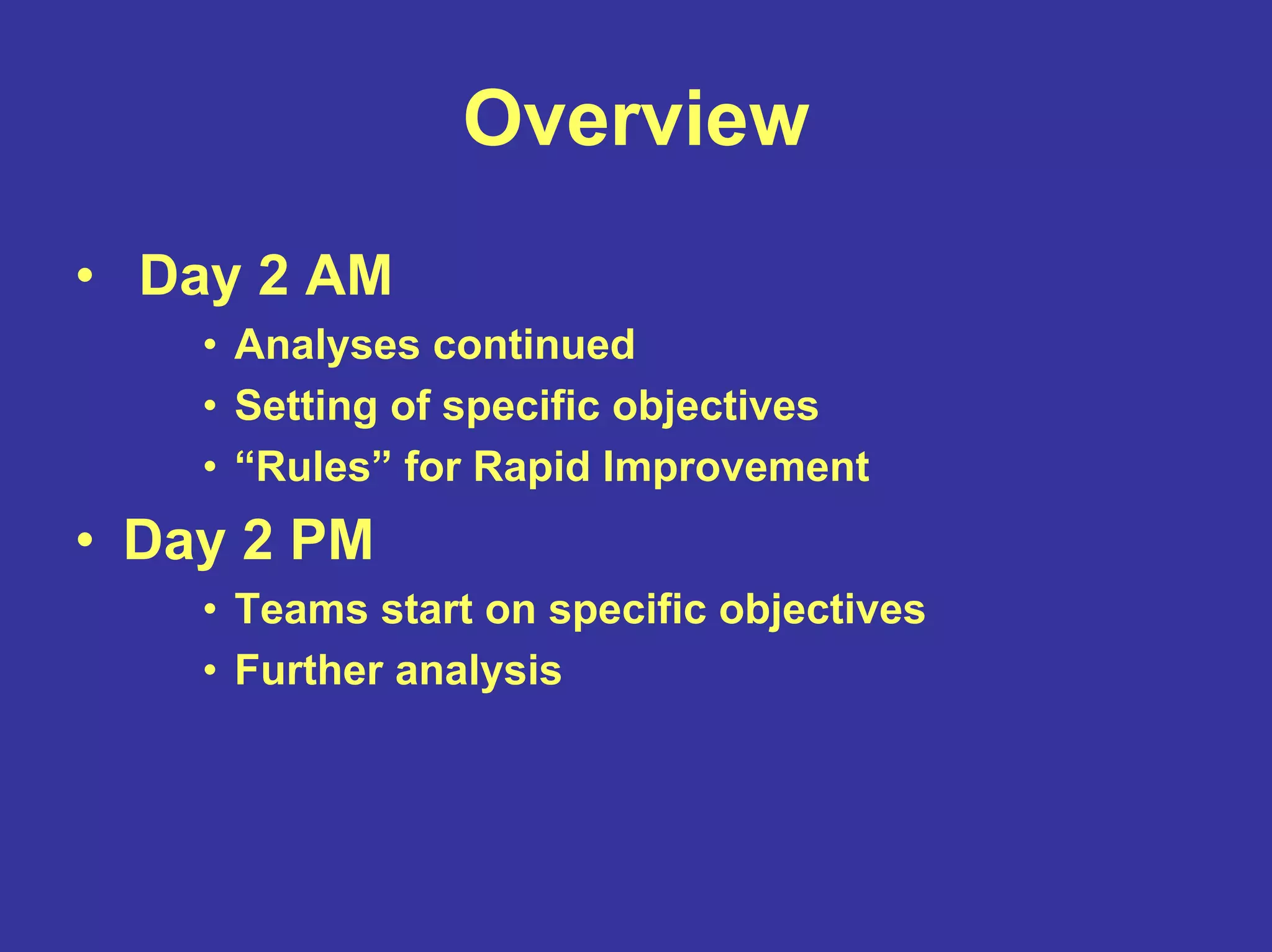 Overview
• Day 2 AM
• Analyses continued
• Setting of specific objectives
• “Rules” for Rapid Improvement
• Day 2 PM
• Teams start on specific objectives
• Further analysis
 