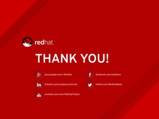 plus.google.com/+RedHat
linkedin.com/company/red-hat
youtube.com/user/RedHatVideos
facebook.com/redhatinc
twitter.com/RedHatNews
THANK YOU!
 