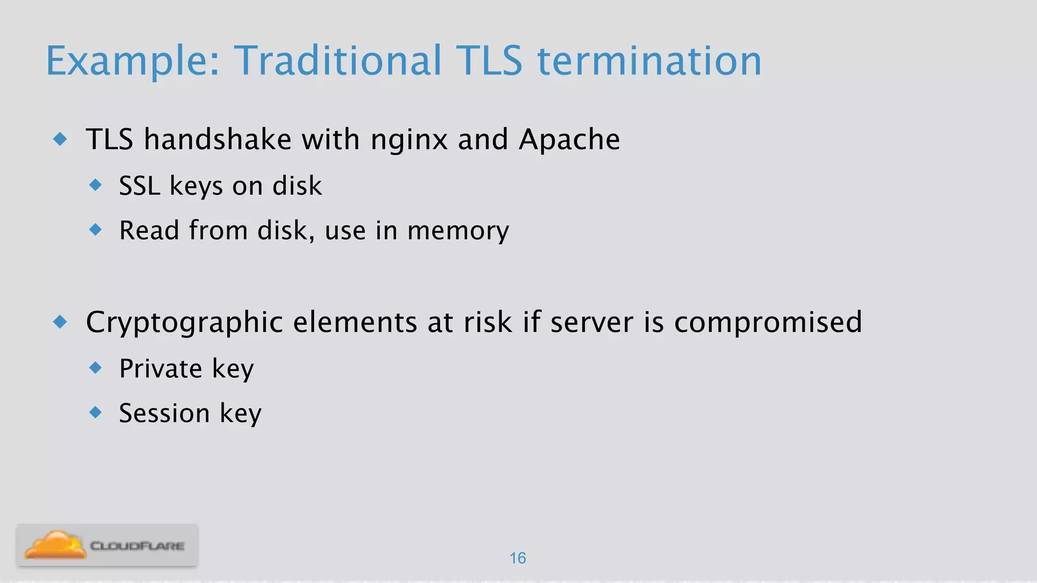 Example: Traditional TLS termination
u TLS handshake with nginx and Apache
u SSL keys on disk
u Read from disk, use in memory
!
u Cryptographic elements at risk if server is compromised
u Private key
u Session key
16
 