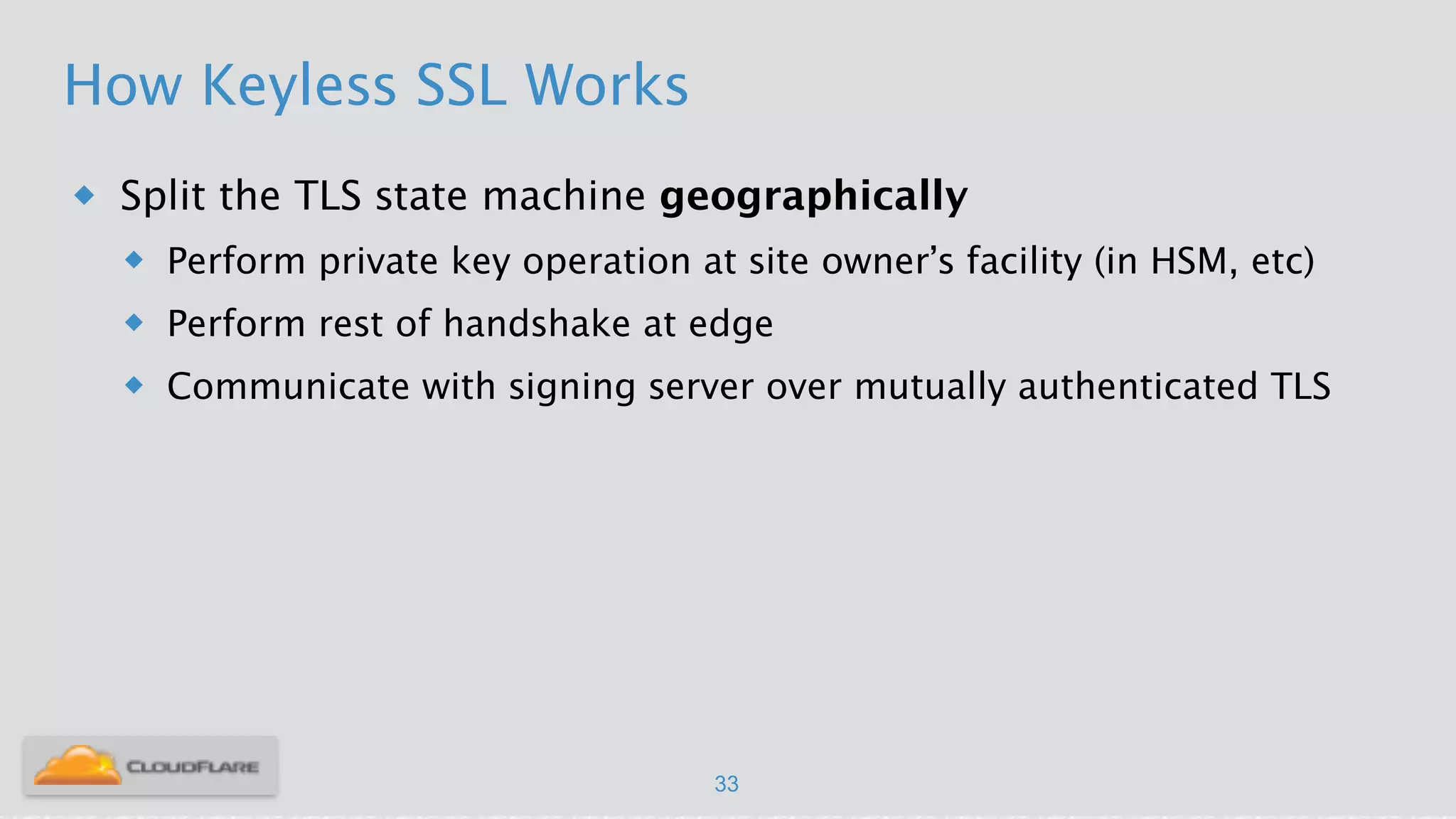 How Keyless SSL Works
u Split the TLS state machine geographically
u Perform private key operation at site owner’s facility (in HSM, etc)
u Perform rest of handshake at edge
u Communicate with signing server over mutually authenticated TLS
33
 