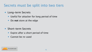 Secrets must be split into two tiers
u Long-term Secrets
u Useful for attacker for long period of time
u Do not store at the edge
!
u Short-term Secrets
u Expire after a short period of time
u Cannot be re-used
15
 