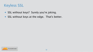 Keyless SSL
u SSL without keys? Surely you’re joking.
u SSL without keys at the edge. That’s better.
32
 