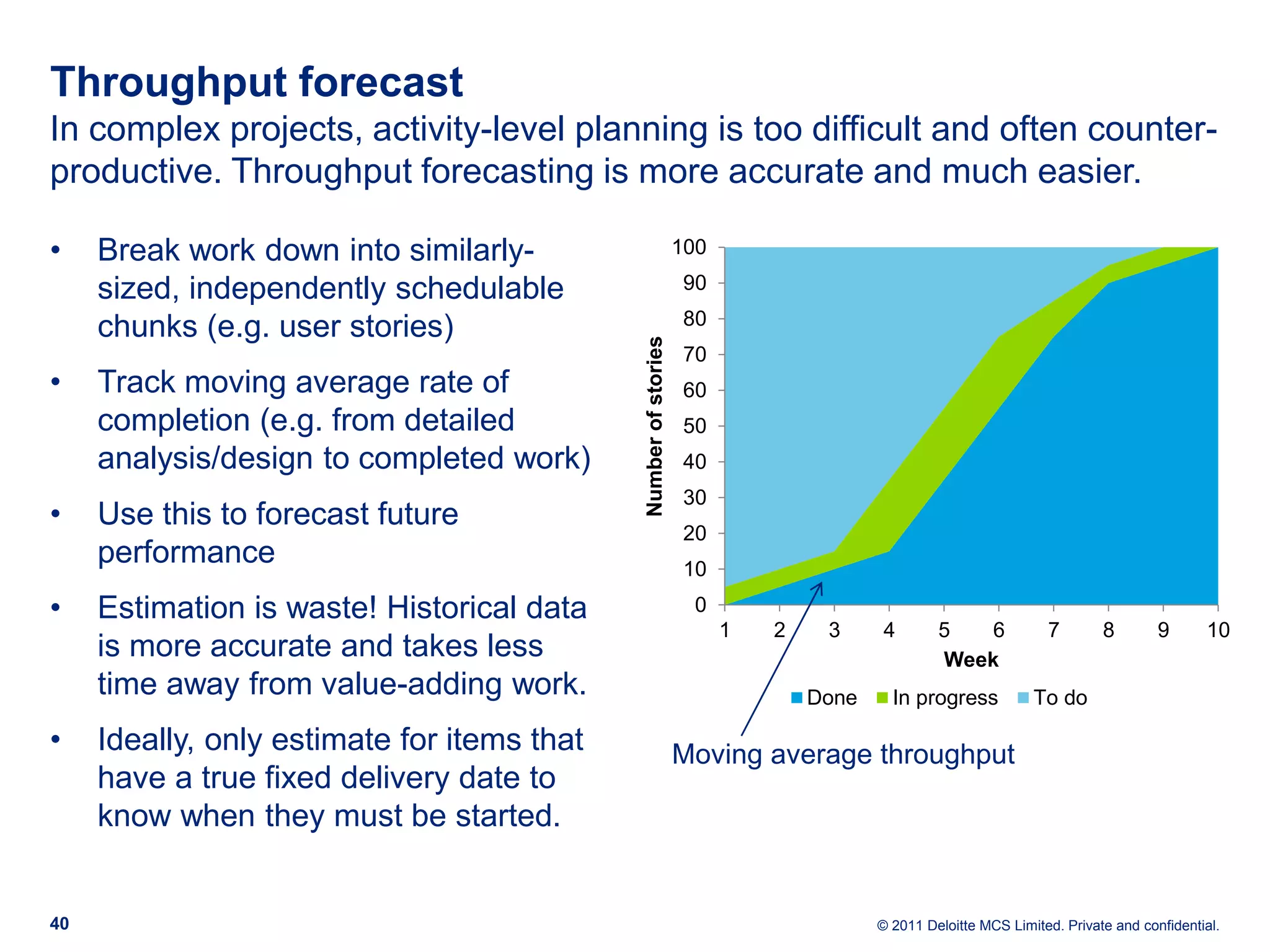 Throughput forecast In complex projects, activity-level planning is too difficult and often counter- productive. Throughput forecasting is more accurate and much easier. • Break work down into similarly- 100 sized, independently schedulable 90 80 chunks (e.g. user stories) Number of stories 70 • Track moving average rate of 60 completion (e.g. from detailed 50 analysis/design to completed work) 40 30 • Use this to forecast future 20 performance 10 • Estimation is waste! Historical data 0 1 2 3 4 5 6 7 8 9 10 is more accurate and takes less Week time away from value-adding work. Done In progress To do • Ideally, only estimate for items that Moving average throughput have a true fixed delivery date to know when they must be started. 40 © 2011 Deloitte MCS Limited. Private and confidential. 