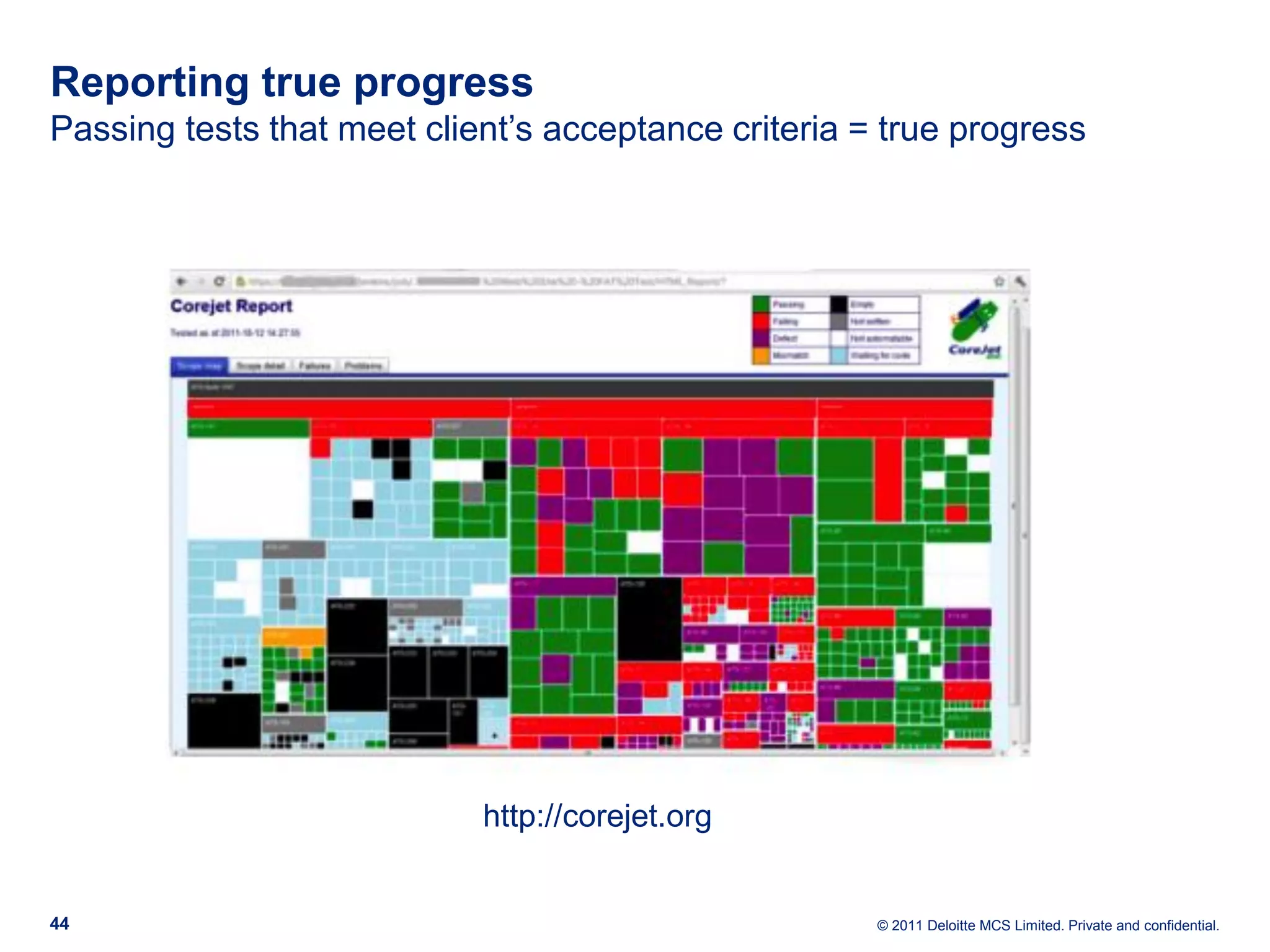 Reporting true progress Passing tests that meet client’s acceptance criteria = true progress http://corejet.org 44 © 2011 Deloitte MCS Limited. Private and confidential. 
