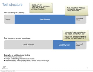 12
Test structure
Preamble Usability test
Summary &
Close
Depth interview Usability test
Summary &
Close
Test focussing on usability
Test focussing on user experience
Examples of additional user testing
• Benchmarking exercises
• Simple card sorting and ranking exercises
• Preferences e.g. Photography styles, Tone of Voice, Visual style
This structure focuses
on finding specific
usability issues
This structure focuses on
the wider context of use
Great for producing mental
models and user journeys
Tests can be
structured in different
ways to achieve
different results
Thursday, 25 November 2010
 