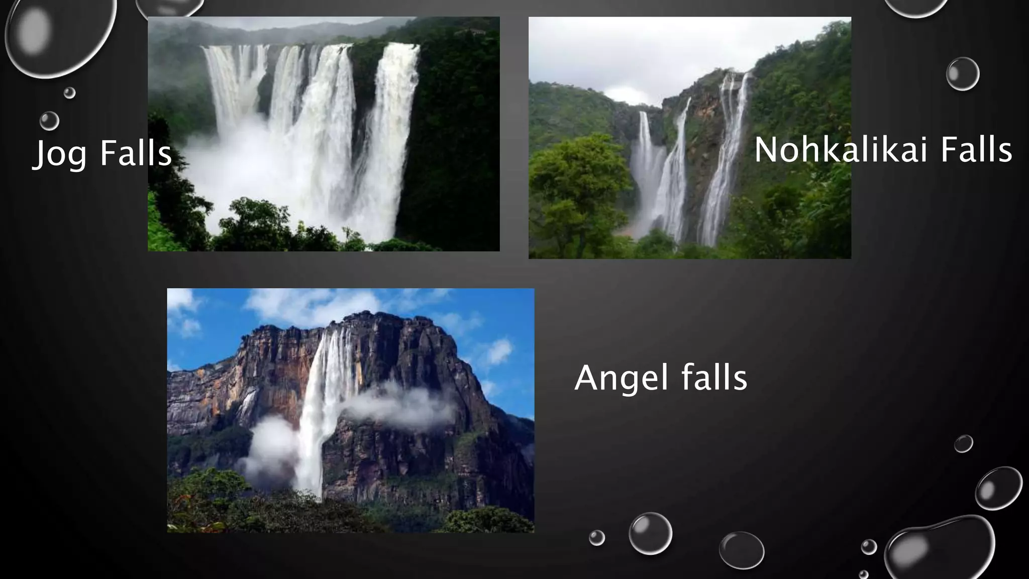 Nohkalikai FallsJog Falls
Angel falls
 