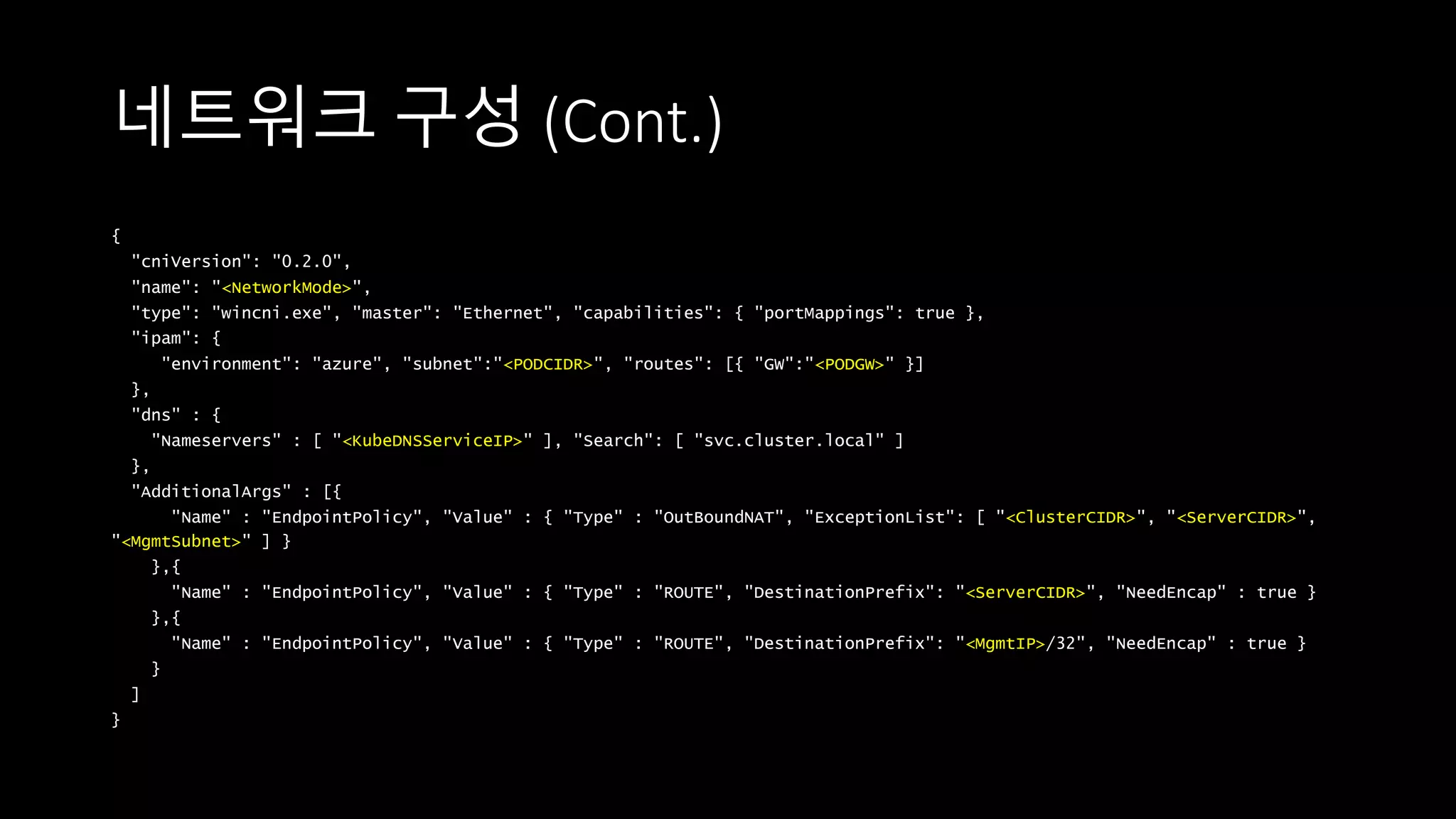 네트워크 구성 (Cont.)
{
"cniVersion": "0.2.0",
"name": "<NetworkMode>",
"type": "wincni.exe", "master": "Ethernet", "capabilities": { "portMappings": true },
"ipam": {
"environment": "azure", "subnet":"<PODCIDR>", "routes": [{ "GW":"<PODGW>" }]
},
"dns" : {
"Nameservers" : [ "<KubeDNSServiceIP>" ], "Search": [ "svc.cluster.local" ]
},
"AdditionalArgs" : [{
"Name" : "EndpointPolicy", "Value" : { "Type" : "OutBoundNAT", "ExceptionList": [ "<ClusterCIDR>", "<ServerCIDR>",
"<MgmtSubnet>" ] }
},{
"Name" : "EndpointPolicy", "Value" : { "Type" : "ROUTE", "DestinationPrefix": "<ServerCIDR>", "NeedEncap" : true }
},{
"Name" : "EndpointPolicy", "Value" : { "Type" : "ROUTE", "DestinationPrefix": "<MgmtIP>/32", "NeedEncap" : true }
}
]
}
 