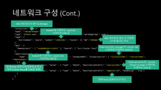네트워크 구성 (Cont.)
{
"cniVersion": "0.2.0",
"name": "<NetworkMode>",
"type": "wincni.exe", "master": "Ethernet", "capabilities": { "portMappings": true },
"ipam": {
"environment": "azure", "subnet":"<PODCIDR>", "routes": [{ "GW":"<PODGW>" }]
},
"dns" : {
"Nameservers" : [ "<KubeDNSServiceIP>" ], "Search": [ "svc.cluster.local" ]
},
"AdditionalArgs" : [{
"Name" : "EndpointPolicy", "Value" : { "Type" : "OutBoundNAT", "ExceptionList": [ "<ClusterCIDR>", "<ServerCIDR>",
"<MgmtSubnet>" ] }
},{
"Name" : "EndpointPolicy", "Value" : { "Type" : "ROUTE", "DestinationPrefix": "<ServerCIDR>", "NeedEncap" : true }
},{
"Name" : "EndpointPolicy", "Value" : { "Type" : "ROUTE", "DestinationPrefix": "<MgmtIP>/32", "NeedEncap" : true }
}
]
}
HNS 네트워크의 형식 (L2Bridge)
Kubelet에 지정하는 –pod-cidr
스위치의 CIDR 값
kube-controller-manager의 –cluster-cidr
스위치에 지정하는 CIDR 값
현재 Node 컴퓨터의 IP 주소
현재 Node 컴퓨터에 할당된 IP 주소
대역 (Subnet Mask를 CIDR로 변환)
Kubelet에 지정하는 –cluster-dns
스위치의 CIDR 값
kube-api-server의 --service-
cluster-ip-range 스위치에
지정하는 CIDR 값
HNS 네트워크 생성 시 지정한
“.2”로 끝나는 주소
 