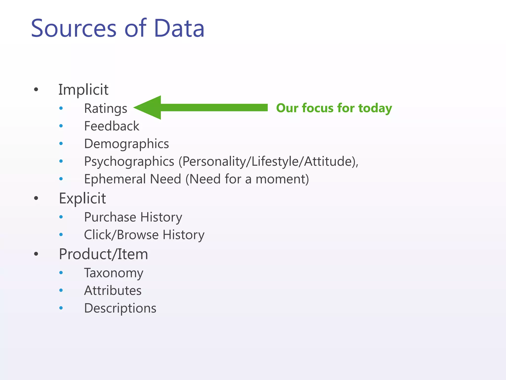 Sources of Data
• Implicit
• Ratings
• Feedback
• Demographics
• Psychographics (Personality/Lifestyle/Attitude),
• Ephemeral Need (Need for a moment)
• Explicit
• Purchase History
• Click/Browse History
• Product/Item
• Taxonomy
• Attributes
• Descriptions
Our focus for today
 