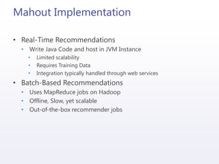 Mahout Implementation
• Real-Time Recommendations
• Write Java Code and host in JVM Instance
• Limited scalability
• Requires Training Data
• Integration typically handled through web services
• Batch-Based Recommendations
• Uses MapReduce jobs on Hadoop
• Offline, Slow, yet scalable
• Out-of-the-box recommender jobs
 