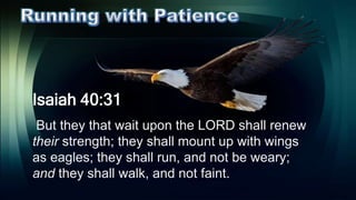 Isaiah 40:31
But they that wait upon the LORD shall renew
their strength; they shall mount up with wings
as eagles; they shall run, and not be weary;
and they shall walk, and not faint.
 