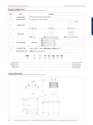 tel: +86 519 8223 0053 | fax: +86 519 8886 5269 | e-mail: info@runntech.com | website: www.runntech.com
RT600 Series Hall Eﬀect Fingertip Joystick RunnTech Electronics (Changzhou) Corp.
16
Product Conﬁguration
RT600 Series Hall Eﬀect Fingertip Joystick
T - spring return to center position
1
2
Serial Number
Limiter Plate
3
5 Electrical Output
No. Item Content
Hall sensor
HV1: DC 5V, 0～2.5～5V (rail to rail)
HV2: DC 5V, 0.5～2.5～4.5V
HV3: DC 5V, 1.0～2.5～4.0V
HV5: DC 5V, 1.1～2.5～3.9V
4
01. Y axis 02. Y & X axis plus direction 03. Y & X axis full direction
Third axis
1. single axis 2. dual axis 3. three axis
6 Handle/Grip Type
7 M11: 36×36, central hole 38
RT600 - T - 3 - 03 - HV1 - HD12 - BT2 - M11
serial number
operation mode
operation axis
limiter plate
mounting dimension
self-resetting button
handle/grip type
electrical output
① ② ③ ④ ⑤ ⑥ ⑦ ⑧
Refer to Table 1-2 Handle: HD12, HD13 and HD14 (page 17)
HV4: DC 5V, 1.25～2.5～3.75V
Product Mounting
Operation Mode
Operation Axis
Mounting Dimensions
RunnTech
 