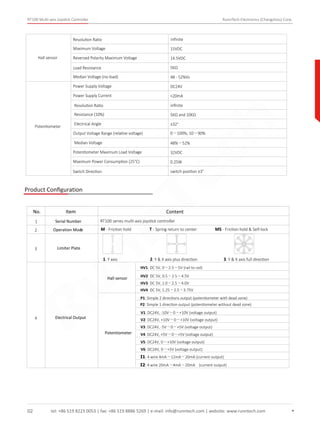 tel: +86 519 8223 0053 | fax: +86 519 8886 5269 | e-mail: info@runntech.com | website: www.runntech.com
RT100 Multi-axis Joystick Controller RunnTech Electronics (Changzhou) Corp.
02
Resolution Ratio inﬁnite
Maximum Voltage 15VDC
Reversed Polarity Maximum Voltage 14.5VDC
Load Resistance 5KΩ
Median Voltage (no-load) 48 - 52%Vs
Hall sensor
Potentiometer
Power Supply Voltage DC24V
Power Supply Current <20mA
Resolution Ratio inﬁnite
Resistance (10%) 5KΩ and 10KΩ
Electrical Angle ±32°
Output Voltage Range (relative voltage) 0～100%; 10～90%
Median Voltage 48%～52%
Potentiometer Maximum Load Voltage 32VDC
Maximum Power Consumption (25°C) 0.25W
Switch Direction switch position ±3°
Product Conﬁguration
RT100 series multi-axis joystick controller
M - Friction hold T - Spring return to center MS - Friction hold & Self-lock
1
2
Serial Number
Operation Mode
Limiter Plate3
4 Electrical Output
No. Item Content
Hall sensor
Potentiometer
HV1: DC 5V, 0～2.5～5V (rail to rail)
HV2: DC 5V, 0.5～2.5～4.5V
HV3: DC 5V, 1.0～2.5～4.0V
HV4: DC 5V, 1.25～2.5～3.75V
P1: Simple 2 directions output (potentiometer with dead zone)
P2: Simple 1 direction output (potentiometer without dead zone)
V1: DC24V, -10V～0～+10V (voltage output)
V2: DC24V, +10V～0～+10V (voltage output)
V3: DC24V, -5V～0～+5V (voltage output)
V4: DC24V, +5V～0～+5V (voltage output)
V5: DC24V, 0～+10V (voltage output)
V6: DC24V, 0～+5V (voltage output)
I1: 4 wire 4mA～12mA～20mA (current output)
I2: 4 wire 20mA～4mA～20mA (current output)
1. Y axis 2. Y & X axis plus direction 3. Y & X axis full direction
RunnTech
 