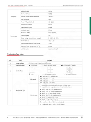 RT01 Series Cobra-head Shaped Joystick Controller RunnTech Electronics (Changzhou) Corp.
Resolution Ratio inﬁnite
Maximum Voltage 15VDC
Reversed Polarity Maximum Voltage 14.5VDC
Load Resistance 5KΩ
Median Voltage (no-load) 48 - 52%Vs
Hall sensor
Potentiometer
Power Supply Voltage DC24V
Power Supply Current <20mA
Resolution Ratio inﬁnite
Resistance (10%) 5KΩ and 10KΩ
Electrical Angle ±32°
Output Voltage Range (relative voltage) 0～100%; 10～90%
Median Voltage 48%～52%
Potentiometer Maximum Load Voltage 32VDC
Maximum Power Consumption (25°C) 0.25W
Switch Direction switch position ±3°
Product Conﬁguration
RT01 Cobra-head Shaped Joystick Controller
M - Friction hold T - Spring return to center MS - Friction hold & Self-lock
1
2
Serial Number
Limiter Plate3
4 Electrical Output
No. Item Content
Hall sensor
Potentiometer
HV1: DC 5V, 0～2.5～5V (rail to rail)
HV2: DC 5V, 0.5～2.5～4.5V
HV3: DC 5V, 1.0～2.5～4.0V
HV4: DC 5V, 1.25～2.5～3.75V
P1: Simple 2 directions output (potentiometer with dead zone)
P2: Simple 1 direction output (potentiometer without dead zone)
V1: DC24V, -10V～0～+10V (voltage output)
V2: DC24V, +10V～0～+10V (voltage output)
V3: DC24V, -5V～0～+5V (voltage output)
V4: DC24V, +5V～0～+5V (voltage output)
V5: DC24V, 0～+10V (voltage output)
V6: DC24V, 0～+5V (voltage output)
I1: 4 wire 4mA～12mA～20mA (current output)
I2: 4 wire 20mA～4mA～20mA (current output)
1. Y axis 2. Y & X axis plus direction 3. Y & X axis full direction
tel: +86 519 8223 0053 | fax: +86 519 8886 5269 | e-mail: info@runntech.com | website: www.runntech.com 23
Operation Mode
RunnTech
 