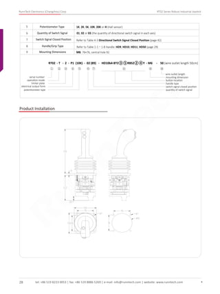 RunnTech Electronics (Changzhou) Corp. RT02 Series Robust Industrial Joystick
5 Potentiometer Type 1K, 2K, 5K, 10K, 20K or H (Hall sensor)
6
7
Quantity of Switch Signal
8 Handle/Grip Type
9 Mounting Dimensions M6: 76×76, central hole 92
Switch Signal Closed Position
01, 02 or 03 (the quantity of directional switch signal in each axis)
Refer to Table 4-3 Directional Switch Signal Closed Position (page 42)
Refer to Table 1-1～1-8 Handle: HD9, HD10, HD11, HD50 (page 29)
Product Installation
RT02 - T - 2 - P1 (10K) - 02 (89) - HD10b4-BT2③⑤RBS2②④Y - M6 - 50 (wire outlet length 50cm)
wire outlet length
① ② ③ ④ ⑤ ⑥ ⑦ ⑧ ⑨ ⑩
serial number
operation mode
limiter plate
electrical output form
potentiometer type
handle type
switch signal closed position
quantity of switch signal
mounting dimension
button location
tel: +86 519 8223 0053 | fax: +86 519 8886 5269 | e-mail: info@runntech.com | website: www.runntech.com28
RunnTech
 