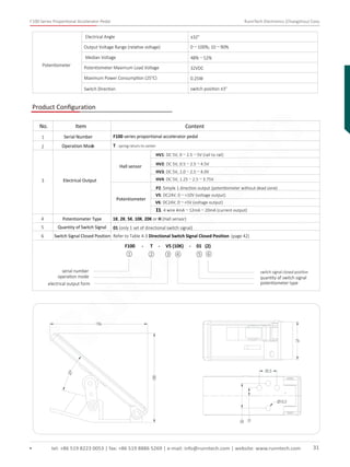 F100 Series Proportional Accelerator Pedal RunnTech Electronics (Changzhou) Corp.
Potentiometer
Electrical Angle ±32°
Output Voltage Range (relative voltage) 0～100%; 10～90%
Median Voltage 48%～52%
Potentiometer Maximum Load Voltage 32VDC
Maximum Power Consumption (25°C) 0.25W
Switch Direction switch position ±3°
Product Conﬁguration
F100 series proportional accelerator pedal
T - spring return to center
1
2
Serial Number
Operation Mode
3
4
Electrical Output
No. Item Content
Hall sensor
Potentiometer
HV1: DC 5V, 0～2.5～5V (rail to rail)
HV2: DC 5V, 0.5～2.5～4.5V
HV3: DC 5V, 1.0～2.5～4.0V
HV4: DC 5V, 1.25～2.5～3.75V
P2: Simple 1 direction output (potentiometer without dead zone)
V5: DC24V, 0～+10V (voltage output)
V6: DC24V, 0～+5V (voltage output)
I1: 4 wire 4mA～12mA～20mA (current output)
Potentiometer Type 1K, 2K, 5K, 10K, 20K or H (Hall sensor)
01 (only 1 set of directional switch signal)
Refer to Table 4-3 Directional Switch Signal Closed Position (page 42)
Quantity of Switch Signal
Switch Signal Closed Position
5
6
F100 - T - V5 (10K) - 01 (2)
serial number
operation mode
electrical output form
switch signal closed position
quantity of switch signal
potentiometer type
① ② ③ ④ ⑤ ⑥
tel: +86 519 8223 0053 | fax: +86 519 8886 5269 | e-mail: info@runntech.com | website: www.runntech.com 31
RunnTech
 