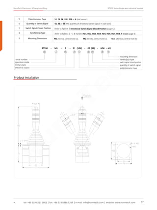 RunnTech Electronics (Changzhou) Corp. RT200 Series Single-axis Industrial Joystick
tel: +86 519 8223 0053 | fax: +86 519 8886 5269 | e-mail: info@runntech.com | website: www.runntech.com 07
5 Potentiometer Type 1K, 2K, 5K, 10K, 20K or H (Hall sensor)
6
7
Quantity of Switch Signal
8 Handle/Grip Type
9 Mounting Dimensions M1: 56×56, central hole 63, M2: 85×85, central hole 63, M3: 130×110, central hole 63
RT200 - MS - 1 - P1 (10K) - 02 (89) - HD6 - M1
serial number
operation mode
limiter plate
electrical output
mounting dimension
handle/grip type
switch signal closed position
quantity of switch signal
potentiometer type
① ② ③ ④ ⑤ ⑥ ⑦ ⑧ ⑨
Switch Signal Closed Position
01, 02 or 03 (the quantity of directional switch signal in each axis)
Refer to Table 4-3 Directional Switch Signal Closed Position (page 42)
Refer to Table 1-1～1-8 Handle: HD1, HD2, HD3, HD4, HD5, HD6, HD7, HD8, T Shape (page 8)
Product Installation
RunnTech
 