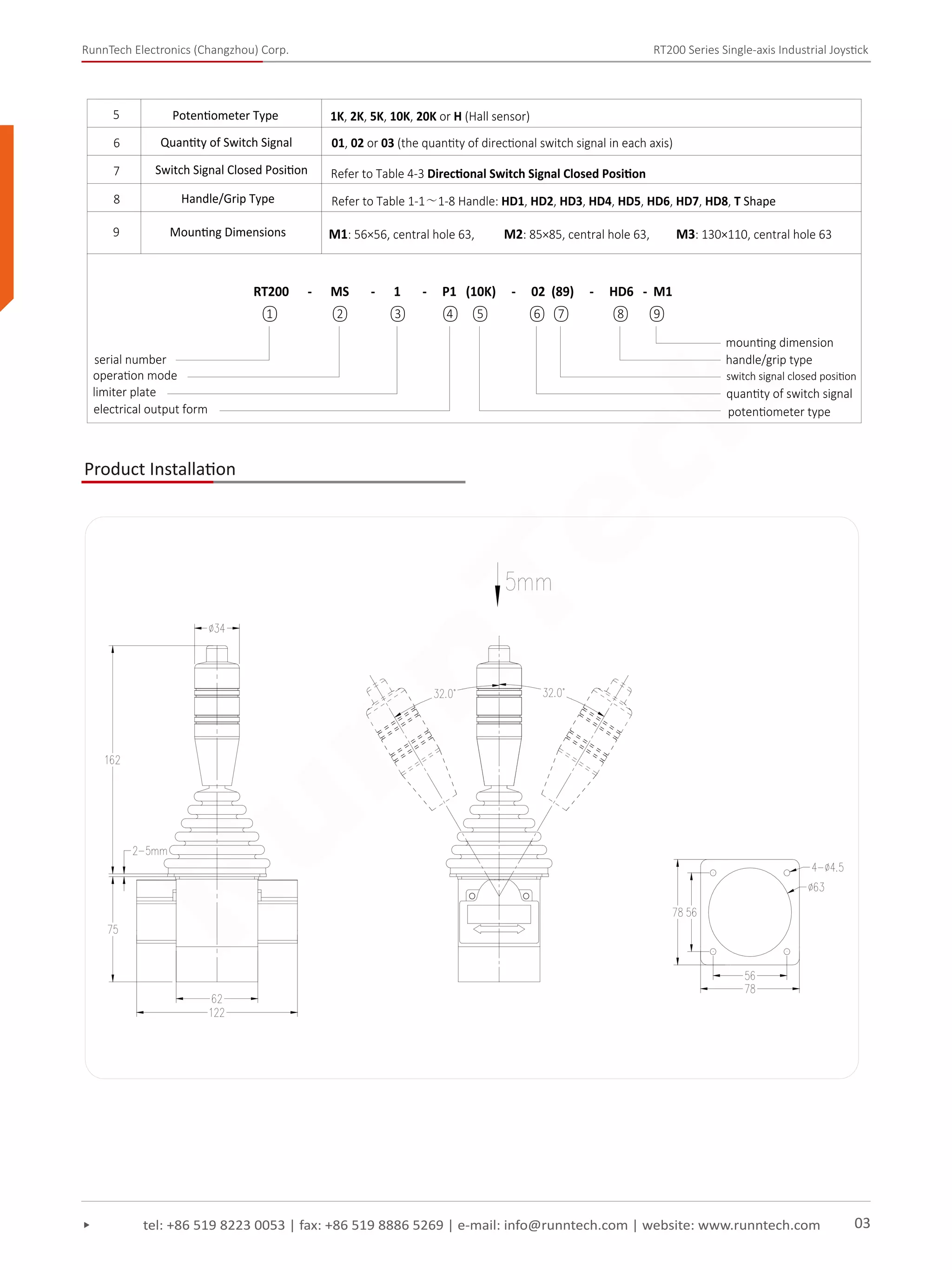 RunnTech Electronics (Changzhou) Corp. RT200 Series Single-axis Industrial Joystick
tel: +86 519 8223 0053 | fax: +86 519 8886 5269 | e-mail: info@runntech.com | website: www.runntech.com 03
5 Potentiometer Type 1K, 2K, 5K, 10K, 20K or H (Hall sensor)
6
7
Quantity of Switch Signal
8 Handle/Grip Type
9 Mounting Dimensions M1: 56×56, central hole 63, M2: 85×85, central hole 63, M3: 130×110, central hole 63
RT200 - MS - 1 - P1 (10K) - 02 (89) - HD6 - M1
serial number
operation mode
limiter plate
electrical output form
mounting dimension
handle/grip type
switch signal closed position
quantity of switch signal
potentiometer type
① ② ③ ④ ⑤ ⑥ ⑦ ⑧ ⑨
Switch Signal Closed Position
01, 02 or 03 (the quantity of directional switch signal in each axis)
Refer to Table 4-3 Directional Switch Signal Closed Position
Refer to Table 1-1～1-8 Handle: HD1, HD2, HD3, HD4, HD5, HD6, HD7, HD8, T Shape
Product Installation
RunnTech
 