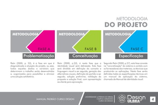 UNIVERSIDADE LUTERANA DO BRASIL
CAMPUS CARAZINHO
CURSO DE DESIGN
MANUAL PADRÃO CURSO DESIGN 4
METODOLOGIA
DO PROJETO
Problematização
METODOLOGIA
FASE A
METODOLOGIA
FASE B
Conceituação
METODOLOGIA
FASE C
Especificação
Peón (2000, p. 53), é a fase em que é
diagnosticada a situação do projeto, ou seja,
todos aqueles dados e variáveis que
determinam o trabalho serão desenvolvidos
e, organizados para possibilitar e otimizar
uma solução satisfatória.
Peón (2000, p.53), é nesta fase que a
identidade visual será delineada. Esta fase
será dividida em definição do conceito e
linguagem visual a ser seguida, geração das
alternativas visuais, definição do partido a ser
seguido, solução preliminar, validação da
proposta e solução final, com apresentação
ao cliente para aprovação.
Segundo Peón (2000, p.57), esta fase consiste
na “concretização” do sistema e contato com
os fornecedores dos materiais, os técnicos que
produzirão as aplicações. Nesta fase serão
definidas todas as especificações técnicas em
um manual de aplicação do sistema,
chamado de Manual de identidade visual.
 