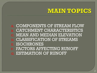 A. COMPONENTS OF STREAM FLOW
B. CATCHMENT CHARACTERISTICS
C. MEAN AND MEDIAN ELEVATION
D. CLASSIFICATION OF STREAMS
E. ISOCHRONES
F. FACTORS AFFECTING RUNOFF
G. ESTIMATION OF RUNOFF
2
 
