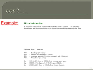 Example:
40
Given Information
A project is to be built in southwest Campbell County, Virginia. The following
information was determined from field measurement and/or proposed design data:
Drainage Area: 80 acres
30% - Rooftops (24 acres)
10% - Streets and driveways (8 acres)
20% - Average lawns @ 5% slope on sandy soil (16 acres)
40% - Woodland (32 acres)
LO = 200 ft. (4% slope or 0.04 ft./ft.); average grass lawn.
LSC = 1000 ft. (4% slope or 0.04 ft./ft.); paved ditch.
LC = 2000 ft. (1% slope or 0.01 ft./ft.); stream channel.
 