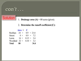 41
1. Drainage area (A) = 80 acres (given).
2. Determine the runoff coefficient(C):
Area × C
Rooftops 24 × 0.9 = 21.6
Streets 8 × 0.9 = 7.2
Lawns 16 × 0.15 = 2.4
Woodland 32 × 0.10 = 3.2
Total 80 34.4
SolutionSolution
 