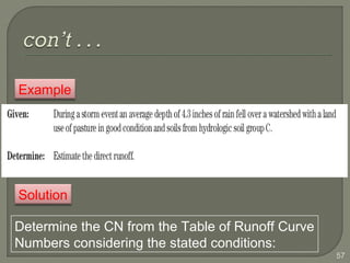 Example
Solution
Determine the CN from the Table of Runoff Curve
Numbers considering the stated conditions:
57
 