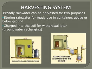 Broadly rainwater can be harvested for two purposes
•Storing rainwater for ready use in containers above or
below ground
•Charged into the soil for withdrawal later
(groundwater recharging)
 