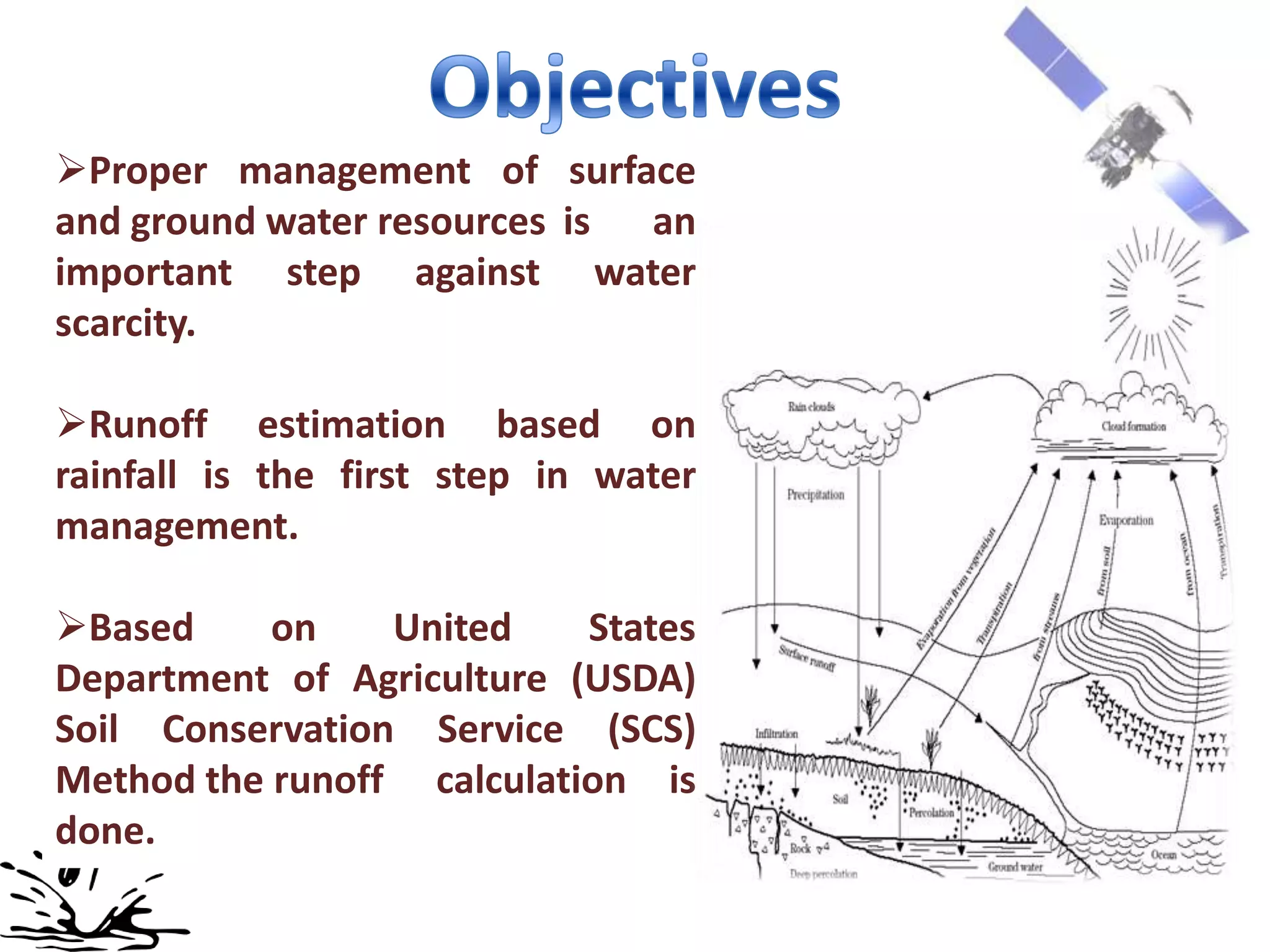 Proper management of surface
and ground water resources is an
important step against water
scarcity.

Runoff estimation based on
rainfall is the first step in water
management.

Based     on    United    States
Department of Agriculture (USDA)
Soil Conservation Service (SCS)
Method the runoff calculation is
done.
 