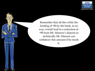 Remember that all this while the lending of  ` 90 by the bank, in no way, would lead to a reduction of  ` 90 from Mr. Manure’s deposit as technically Mr. Manure can withdraw this amount if he needs it.  