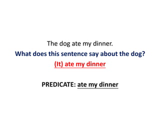 The dog ate my dinner.
What does this sentence say about the dog?
(It) ate my dinner
PREDICATE: ate my dinner
 