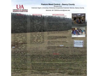 Pasture Weed Control – Searcy County
                                                                                Runsick, B.A.
                                           Extension Agent, University of Arkansas Cooperative Extension Service, Searcy County,
                                                                               Marshall, AR 72650/brunsick@uaex.edu


        ABSTRACT                             NEEDS/GOALS                                     IMPLEMENTATION
Control of common pasture               The need exists to educate                 Cool season weed control demonstration
weeds is one of the biggest             producers in the county on how           conducted on producer’s fescue pasture
struggles facing producers in
     gg           g p                   to better control common, and            containing red sorrel, wild carrot, cinquefoil, curly
                                                                                          g                             q            y
Searcy County, Arkansas. A              sometimes invasive, weeds in             dock, and yarrow with 6 common pasture
variety of methods were used            grass       or       grass/legume        herbicide treatments and 1 control.
to educate producers on the             pastures.         This        effort
benefits, both in forage quality        encompasses             educating          Pasture Weed Control meeting held on March
and quantity, of controlling            producers in a variety of areas          17, 2011 covering a review of the results of            Figure 1
undesirable weeds in grass or           including: weed identification,          spring weed control demonstration, general
grass/legume               pasture      herbicide      safety,      sprayer      weed control recommendations, and sprayer
systems.
  y             Among  g       these    calibration, proper timing of
                                                   , p p              g          calibration (Figure 1).
                                                                                             ( g      )
methods were: a cool season             applications, and justification
weed               demonstration        for weed control practices. The            Two Private Applicator Trainings for licensing
containing        6        different    University       of      Arkansas        to purchase Arkansas Restricted Use Pesticides
herbicide treatments, a warm            recommendation on pasture                held on November 18, 2010 and February 22,
season weed demonstration               weed control is that control is          2011.
with 6 treatments, replicated           needed when the pasture
three times, a pasture weed             consists of more than 25%                   Five local newspaper articles with timely
control        meeting           with   undesirable      species. After
                                                         species                 information and recommendations related to              Figure 2
information            concerning       surveying        pastures       the      pasture weed control.
herbicide recommendations               previous       year,     it    was
and       sprayer      calibration,     determined that more than                  Multi –county Bermudagrass Production
newsletters             containing      50% of farms visited needed              meeting covering weed control as one of the
information on weed control             some form of weed control.               topics (Figure 2).
and demonstration results,
and articles in the local                                                          Seventy producers received a quarterly
newspaper          with       timely                                             agriculture newsletter with pasture weed control
pasture spraying information.                                                    specific information.
Through       these       methods,
coupled with numerous phone
calls and one on one
consultations, the pasture                                                                     IMPACTS
weed control program in                  As a result of this program, a marked improvement in weed control has been seen within the county. The best
Searcy County reaches most               means of evaluation to determine the program’s effectiveness was simply through visual assessment while
producers in the county Of
                       county.           traveling through the county, the number of recommendations given to producers, the number of one-on-one
the 617 farms in the county,             consultations covering topics such as weed identification, sprayer calibration, and pasture assessment to
the agriculture newsletter               determine if weed control was truly necessary. Improvement in pastures around the county was noted, and there
reaches 70 of those, and the             has been an increase in number of producers seeking information pertaining to weed control.
news paper is distributed to
3500 in a county of less than              Educational information on weed control reached 70 producers through the quarterly newsletter.
8,000.       Several        county         A pasture weed control meeting targeting weed control and sprayer calibration was attended by 12 clientele
clientele have mentioned how               Numerous phone calls from producers seeking recommendations
                                                       p                 p               g
beneficial and pertinent th
b     fi i l    d       ti     t the        Office walk ins seeking weed control information and recommendations
information in the news article             Farm visits to determine if chemical weed control is needed and follow up recommendations
has been, and the county                   Producers have verbally mentioned the benefit of timely spraying recommendations in the weekly newspaper
office is known as the “go to”           article.
place for weed control                     Both producers that attended the Bermudagrass Production meeting responded that they intended to implement
recommendations.                         better weed control management practices.
 
