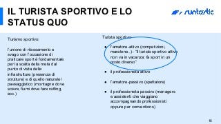 IL TURISTA SPORTIVO E LO
STATUS QUO
16
Turismo sportivo:
l’unione di rilassamento e
svago con l’occasione di
praticare sport è fondamentale
per la scelta della meta dal
punto di vista delle
infrastrutture (presenza di
strutture) e di quello naturale/
paesaggistico (montagne dove
sciare, fiumi dove fare rafting,
ecc.)
Turista sportivo:
●  l’amatore-attivo (competizioni,
maratone..) : “Il turista sportivo attivo
non va in vacanza: fa sport in un
posto diverso”
●  il professionista attivo
●  l’amatore-passivo (spettatore)
●  il professionista passivo (managers
e assistenti che viaggiano
accompagnando professionisti
oppure per conventions)
 