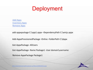 Deployment
Add Apps
Inventory Apps
Remove Apps

add-appxpackage C:app1.appx –DependencyPath C:winjs.appx

Add-AppxProvisionedPackage -Online -FolderPath C:Appx

Get-AppxPackage -AllUsers

Get-AppxPackage -Name Package1 -User domainusername

Remove-AppxPackage Package1



http://technet.microsoft.com/en-us/library/hh852635.aspx
 