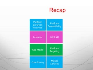 Recap
 Platform
                 Platform
 Evolution
               Compatibility
“Runtime 8”



 Emulator        WP8 API



                Platform
App Model
                Targeting



                 Mobile
Code Sharing
                 Services
 