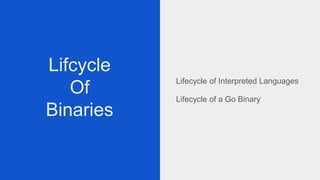 Lifcycle
Of
Binaries
Lifecycle of Interpreted Languages
Lifecycle of a Go Binary
 