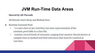 JVM Run-Time Data Areas
Shared by All Threads
All threads share Heap and Method Area
● Runtime Constant Pool:
○ ~is a per-class or per-interface run-time representation of the
constant_pool table in a class file.
○ contains several kinds of constants, ranging from numeric literals known at
compile-time to method and field references that must be resolved at
run-time.
 
