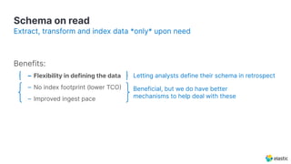Schema on read
Benefits:
– Flexibility in defining the data
– No index footprint (lower TCO
– Improved ingest pace
Extrac...