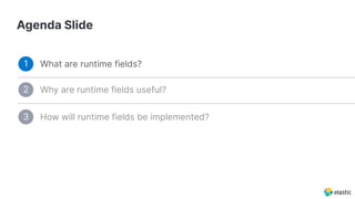 Agenda Slide
What are runtime fields?1
How will runtime fields be implemented?3
Why are runtime fields useful?2
 