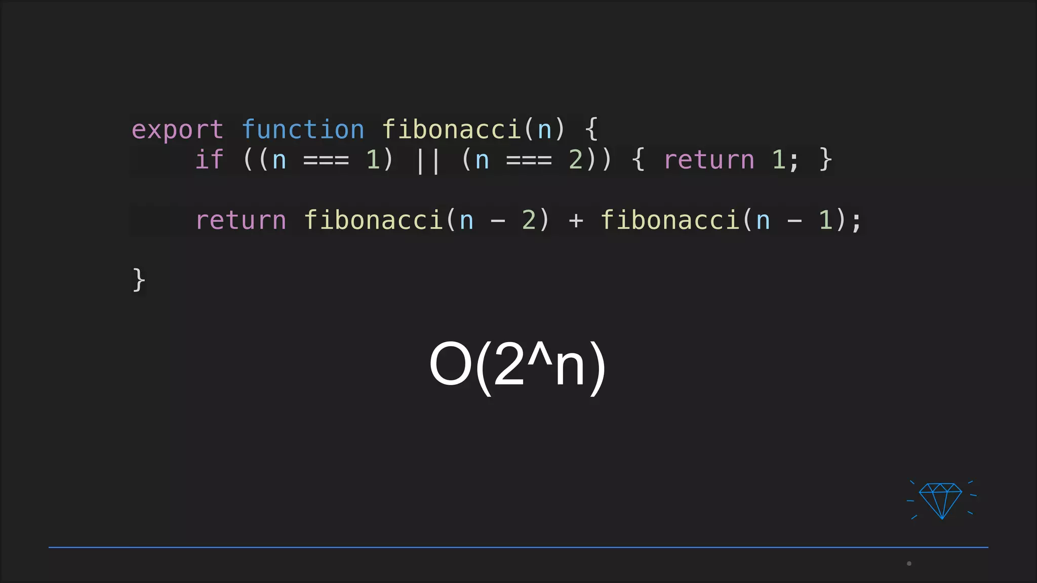 export function fibonacci(n) {
if ((n === 1) || (n === 2)) { return 1; }
return fibonacci(n - 2) + fibonacci(n - 1);
}
O(2^n)
 