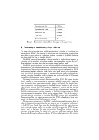 Execution time, Ben               3.520 ms

                     Execution time, Luke              3.360 ms

                     Time during idle                  95.04 ms

                     Cycle time                        102.1 ms

                     Processor utilization             7%

         Table 4    Information extracted from the output of the supervision.


5   Case study of a real-time garbage collector
The supervision system has been used in a study of the execution of a real-time gar-
bage collector (RTGC). The purpose of this section is to emphasize the beneﬁts of the
supervision system, and not to explore the intricate execution of the RTGC. Informa-
tion about the RTGC can be found in [Hen96].
    The RTGC is a predictable garbage collector suitable for hard real-time systems. Its
execution can be calculated beforehand, making it a design-phase problem. To verify
these calculated execution times, the supervision system has been used.
    The RTGC groups processes into low-priority and high-priority processes. During
the execution of low-priority processes, the garbage collecting work is interleaved with
the execution of the application process, i.e. each time memory is allocated the RTGC
performs some garbage collecting work. On the other hand, high-priority processes are
more time critical. A minimum amount of garbage collecting work is performed dur-
ing their execution. Instead the work is collected, and performed by the RTGC process
after a high-priority process is done executing.
    The supervision system monitors the execution of the RTGC. The output function
simply transfers its input argument to an output port, which is connected to a logic ana-
lyzer. A snapshot of the logic analyzer display is shown in Figure 6. The lines in Figure
6 are representing, from bottom upwards, the clock interrupt handler, the idle process,
a low-priority process, the RTGC process, a high-priority process, and the time the
RTGC uses to accomplish its work. In the ﬁgure, the low-priority process is aborted by
the high-priority process. After the execution of the high-priority process, the RTGC
process resumes the execution, tidying up the memory heap. Then the low-priority
process is allowed to continue its execution. The RTGC process is not activated after
the execution of the low-priority process, since the RTGC is handling the heap inter-
leaved with the execution of the low-priority process.
    The new supervision aspect of the RTGC revealed interesting information about its
behavior. Its execution was veriﬁed, but new ideas on how to increase the performance
of the RTGC were found. Bugs were also found and corrected. One major improve-
ment, resulting from the study, was to make it possible to abort the RTGC during a
memory copy in the heap. The supervision system showed long periods where the
interrupts were deactivated. No high-priority processes could start to execute during
these periods. During these long periods, the RTGC moved a large object. The solution
 