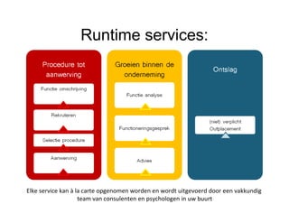 Runtime services:
Elke service kan à la carte opgenomen worden en wordt uitgevoerd door een vakkundig
team van consulenten en psychologen in uw buurt
 