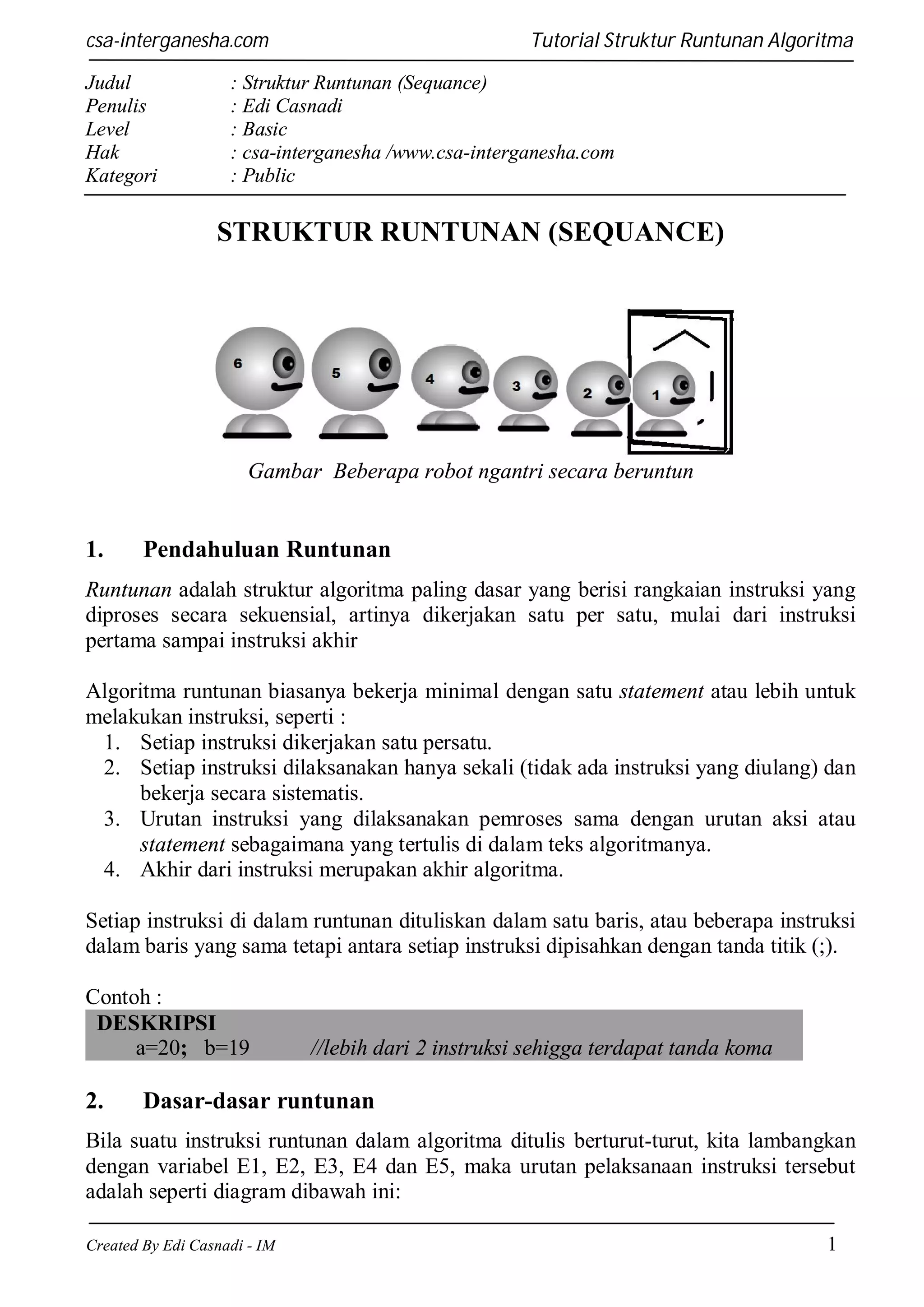 csa-interganesha.com
Judul
Penulis
Level
Hak
Kategori

Tutorial Struktur Runtunan Algoritma

: Struktur Runtunan (Sequance)
: Edi Casnadi
: Basic
: csa-interganesha /www.csa-interganesha.com
: Public

STRUKTUR RUNTUNAN (SEQUANCE)

Gambar Beberapa robot ngantri secara beruntun

1.

Pendahuluan Runtunan

Runtunan adalah struktur algoritma paling dasar yang berisi rangkaian instruksi yang
diproses secara sekuensial, artinya dikerjakan satu per satu, mulai dari instruksi
pertama sampai instruksi akhir
Algoritma runtunan biasanya bekerja minimal dengan satu statement atau lebih untuk
melakukan instruksi, seperti :
1. Setiap instruksi dikerjakan satu persatu.
2. Setiap instruksi dilaksanakan hanya sekali (tidak ada instruksi yang diulang) dan
bekerja secara sistematis.
3. Urutan instruksi yang dilaksanakan pemroses sama dengan urutan aksi atau
statement sebagaimana yang tertulis di dalam teks algoritmanya.
4. Akhir dari instruksi merupakan akhir algoritma.
Setiap instruksi di dalam runtunan dituliskan dalam satu baris, atau beberapa instruksi
dalam baris yang sama tetapi antara setiap instruksi dipisahkan dengan tanda titik (;).
Contoh :
DESKRIPSI
a=20; b=19

2.

//lebih dari 2 instruksi sehigga terdapat tanda koma

Dasar-dasar runtunan

Bila suatu instruksi runtunan dalam algoritma ditulis berturut-turut, kita lambangkan
dengan variabel E1, E2, E3, E4 dan E5, maka urutan pelaksanaan instruksi tersebut
adalah seperti diagram dibawah ini:
Created By Edi Casnadi - IM

1

 