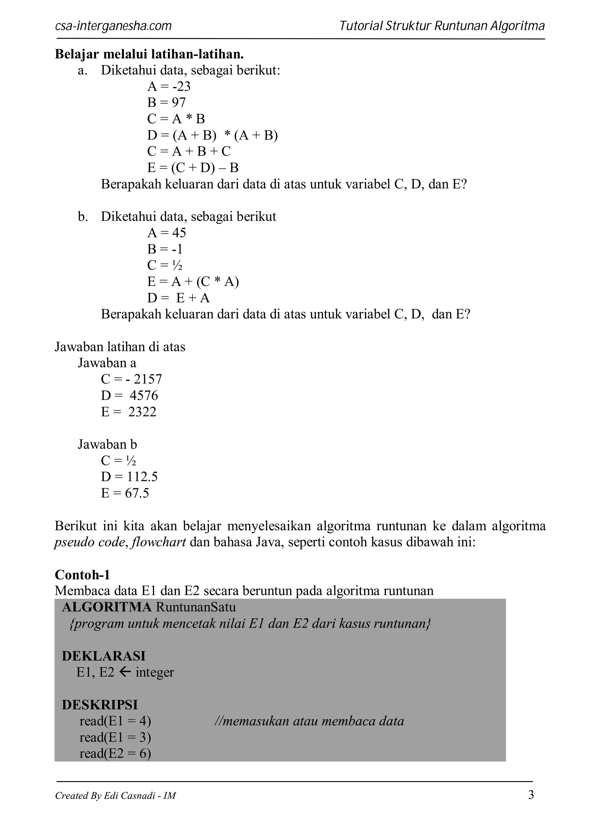 csa-interganesha.com

Tutorial Struktur Runtunan Algoritma

Belajar melalui latihan-latihan.
a. Diketahui data, sebagai berikut:
A = -23
B = 97
C=A*B
D = (A + B) * (A + B)
C=A+B+C
E = (C + D) – B
Berapakah keluaran dari data di atas untuk variabel C, D, dan E?
b. Diketahui data, sebagai berikut
A = 45
B = -1
C=½
E = A + (C * A)
D= E+A
Berapakah keluaran dari data di atas untuk variabel C, D, dan E?
Jawaban latihan di atas
Jawaban a
C = - 2157
D = 4576
E = 2322
Jawaban b
C=½
D = 112.5
E = 67.5
Berikut ini kita akan belajar menyelesaikan algoritma runtunan ke dalam algoritma
pseudo code, flowchart dan bahasa Java, seperti contoh kasus dibawah ini:
Contoh-1
Membaca data E1 dan E2 secara beruntun pada algoritma runtunan
ALGORITMA RuntunanSatu
{program untuk mencetak nilai E1 dan E2 dari kasus runtunan}
DEKLARASI
E1, E2  integer
DESKRIPSI
read(E1 = 4)
read(E1 = 3)
read(E2 = 6)
Created By Edi Casnadi - IM

//memasukan atau membaca data

3

 