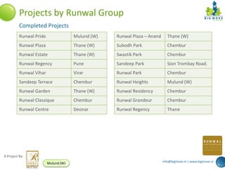 Projects by Runwal Group
          Completed Projects
          Runwal Pride                Mulund (W)   Runwal Plaza – Anand      Thane (W)
          Runwal Plaza                Thane (W)    Subodh Park               Chembur
          Runwal Estate               Thane (W)    Swastik Park              Chembur
          Runwal Regency              Pune         Sandeep Park              Sion Trombay Road.
          Runwal Vihar                Virar        Runwal Park               Chembur
          Sandeep Terrace             Chembur      Runwal Heights            Mulund (W)
          Runwal Garden               Thane (W)    Runwal Residency          Chembur
          Runwal Classique            Chembur      Runwal Grandeur           Chembur
          Runwal Centre               Deonar       Runwal Regency            Thane




A Project By:
                                                                          info@bigmove.in | www.bigmove.in
                         Mulund (W)
 