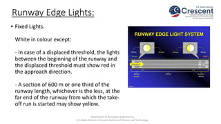 Runway Edge Lights:
• Fixed Lights.
White in colour except:
- In case of a displaced threshold, the lights
between the beginning of the runway and
the displaced threshold must show red in
the approach direction.
- A section of 600 m or one third of the
runway length, whichever is the less, at the
far end of the runway from which the take-
off run is started may show yellow.
Department of Aerospace Engineering,
B.S.Abdur Rahman Crescent Institute of Science and Technology
 