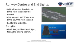 Runway Centre and End Lights:
• White from the threshold to
900m from the end of the
runway.
• Alternate red and White from
900m to 300m from the end.
• Red for the last 300m.
End Lights:
• Fixed, Red, Unidirectional lights
facing the landing aircraft.
Department of Aerospace Engineering,
B.S.Abdur Rahman Crescent Institute of Science and Technology
 